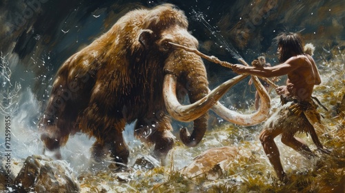 giant mammoth fighting with some cavemen next to a small lake