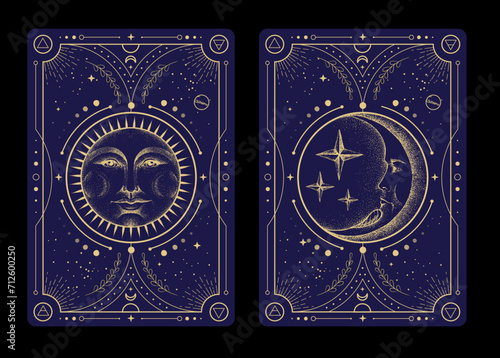 Set of Modern magic witchcraft cards with astrology sun and moon sign with human face. Day and nignt. Realistic hand drawing vector illustration