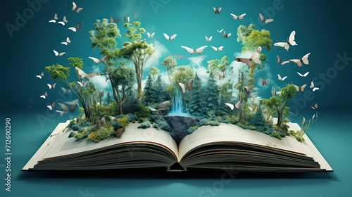 Open book with green forest and flying butterflies. Ecology concept