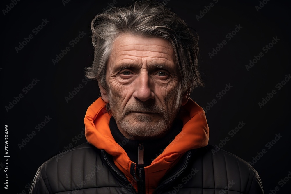 Portrait of an elderly man in a warm jacket and orange scarf