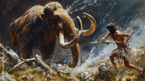 giant mammoth fighting with some cavemen next to a small lake on a mountain 4k