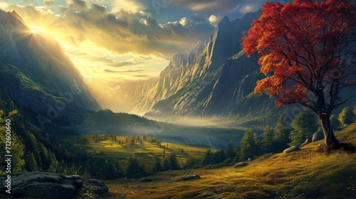 Valley background with copy space for text, featuring a beautiful landscape with mountains, a blue sky, and a wide expanse of grass in the backdrop photo
