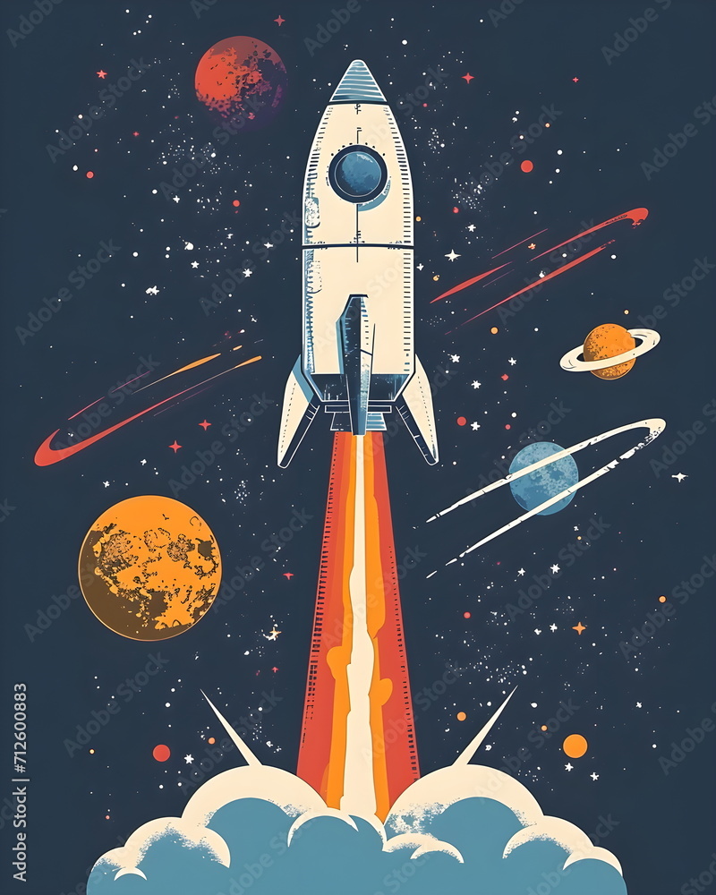 Obraz premium Rakete fliegt duch die Galaxie - Raumfahrtmission Illustration - Rakete im All Wallpaper - Ai-Ki generiert