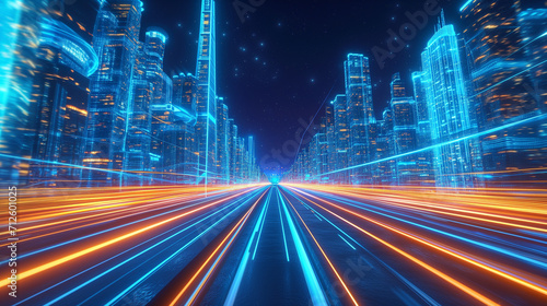 Futuristic Cityscape with Glowing Traffic Trails