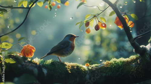 Serene Bird on Mossy Branch with Autumn Leaves