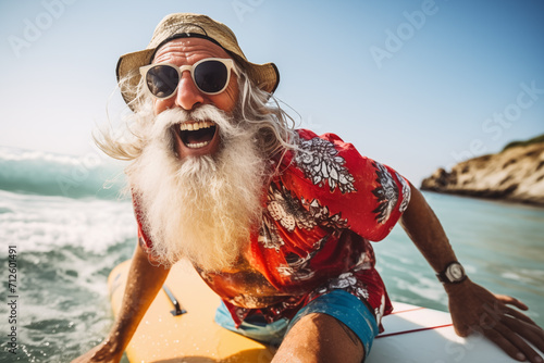 Happy Older Person Enjoying Water Sport - Beach, Hipster Outfit, Hat, Funny - 3:2 Aspect Ratio © Lucas