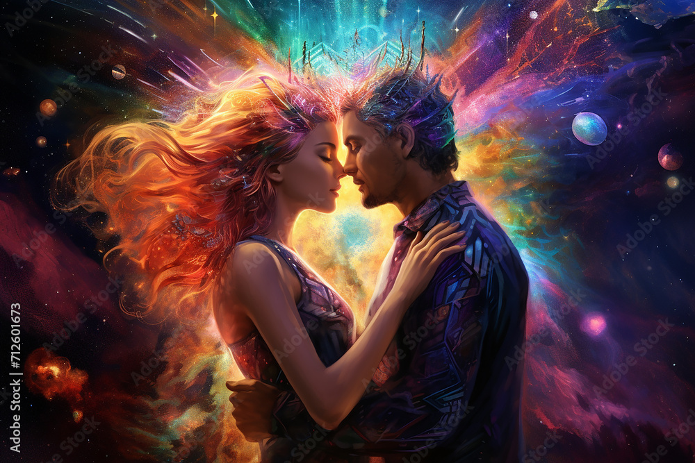 Naklejka premium Embark on a cosmic journey through psychedelic art, envisioning love as a unifying force that transcends, connecting souls across the universe - Psychedelic Art and valentine's day concept