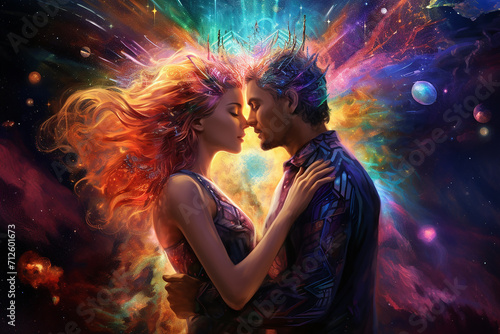 Embark on a cosmic journey through psychedelic art, envisioning love as a unifying force that transcends, connecting souls across the universe - Psychedelic Art and valentine's day concept