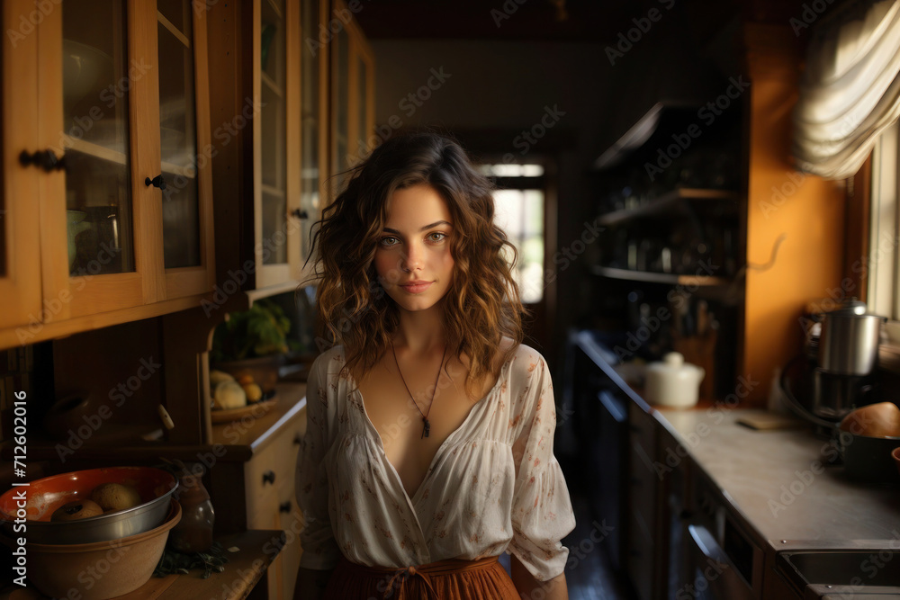 Beautiful modern woman standing in a kitchen with wooden accents. Beautiful modern woman standing in a kitchen with wooden accents.