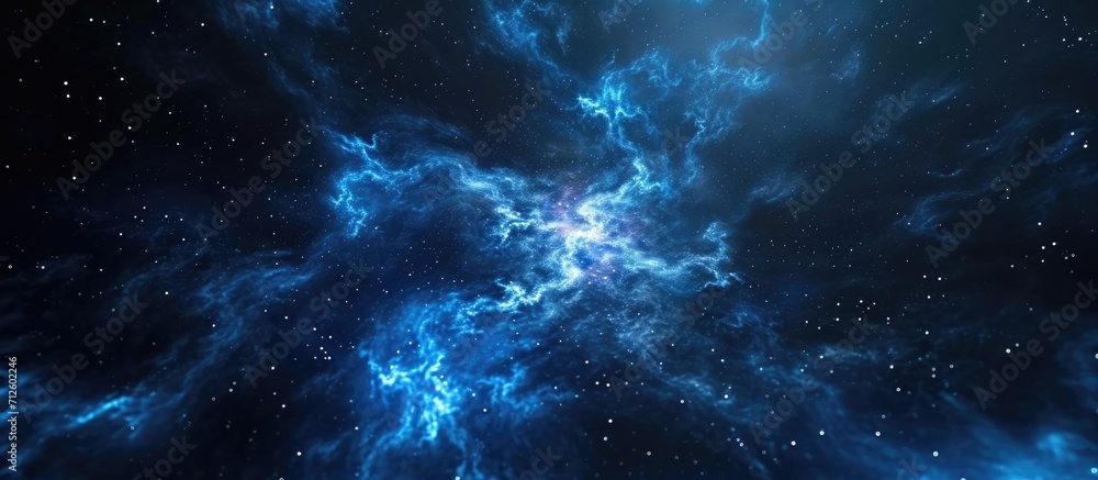 Computer generated rendering of a pentagon particle-filled blue nebula in deep space