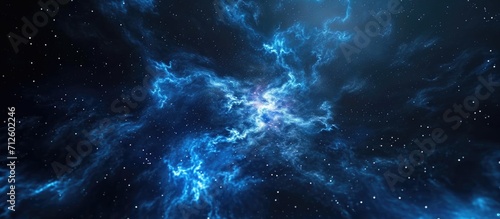 Computer generated rendering of a pentagon particle-filled blue nebula in deep space