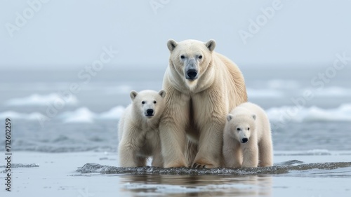family of polar bears escapes from the melting snow. Global warming problem, Arctic protection initiative