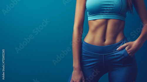 Close up portrait of woman athlete, muscle female waist in sportswear, fitness, isolated on blue background © Mars0hod