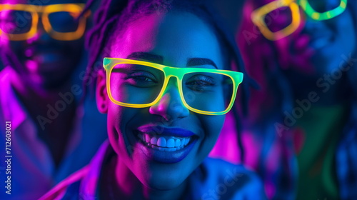 Ethnically diverse happy smiling business people in glowing color glasses looking at the camera. Glow cyan neon  cyan and dark blue light  nightclub  fun