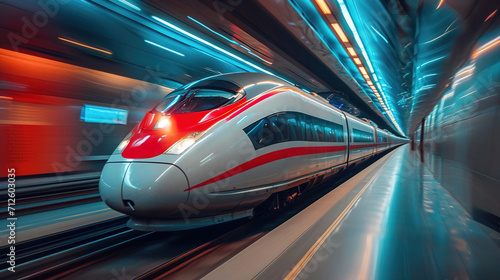 High-speed train is speeding past the station in the city. AI generated image