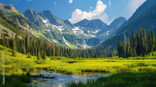 Background of a valley with open space for text, presenting a scenic landscape with mountains, a clear blue sky, and a vast stretch of grass in the background.
