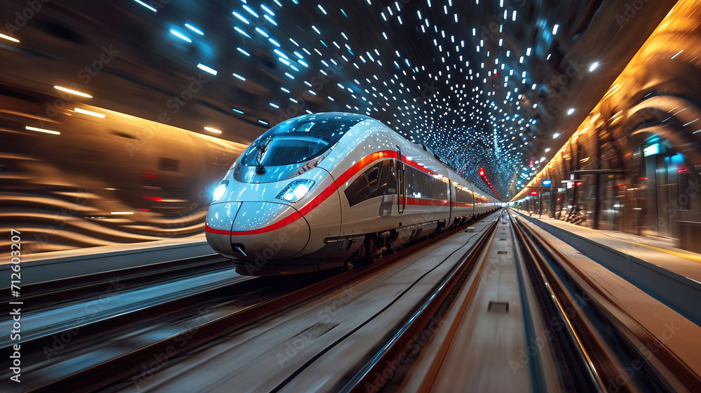 High-speed train is speeding past the station in the city. AI generated image High-speed train is speeding past the station in the city. AI generated image