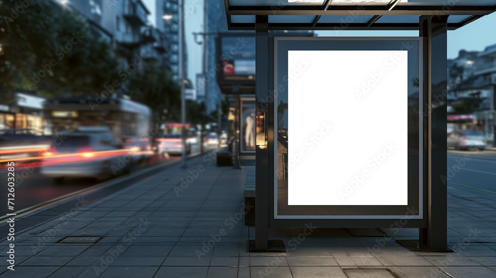 White bus stop billboard poster in a station with cars in moving in the background, Front view, mockup concept blank poster, city traffic