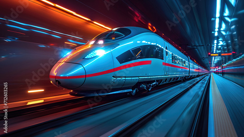 High speed electric passenger train drives at high speed among urban landscape. AI-generated image 