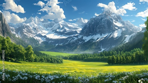 A valley background with ample copy space for text, showcasing a picturesque landscape with mountains, a blue sky, and an expansive grassy area. © Matthew