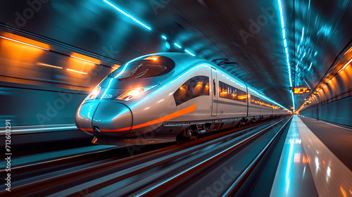 High speed electric passenger train drives at high speed among urban landscape. AI-generated image 