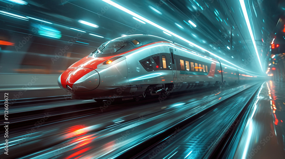 High-speed train is speeding past the station in the city. AI generated image High-speed train is speeding past the station in the city. AI generated image