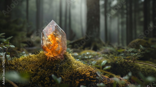 Big Gemstone mineral in fabulous forest, fantasy nature, fairy tale landscape