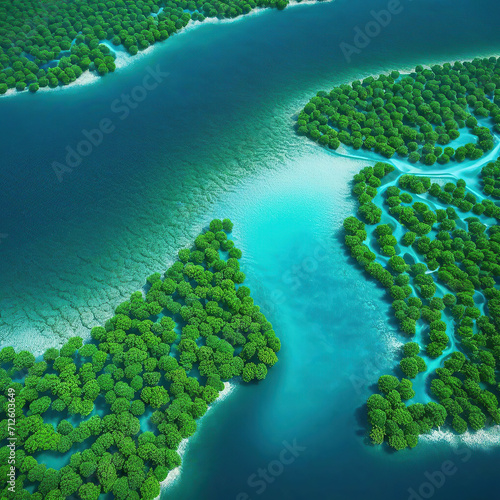 Aerial view of a mangrove forest in the sea.