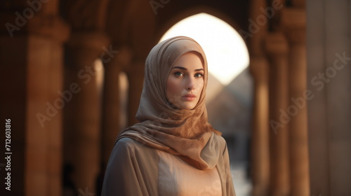 Portrait of Muslim woman in mosque, islamic girl in hijab headscarf, European appearance