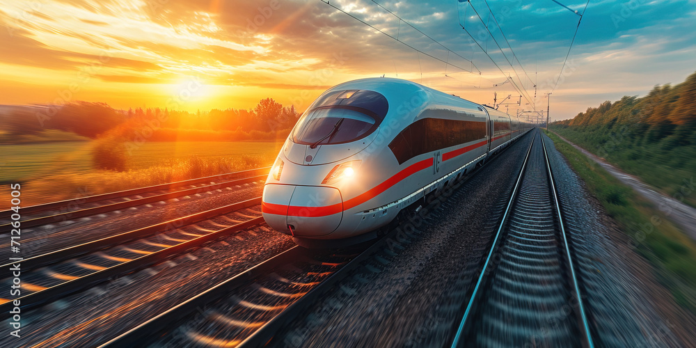 The high-speed train is driving at full speed in the countryside. AI-generated image	