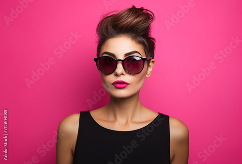 a modern woman in sunglasses and a pink shirt on a pink background