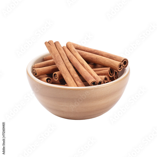 cinnamon sticks in a bowl, dried cinnamon sticks in a wooden bowl, isolated on a white or transparent background, PNG