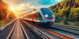 The high-speed train is driving at full speed in the countryside. AI-generated image 