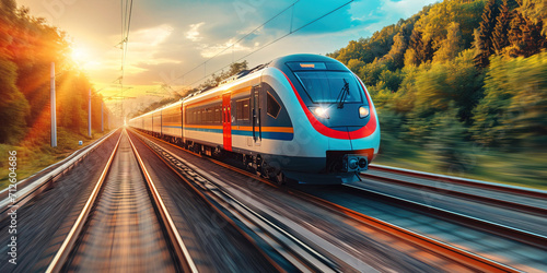 The high-speed train is driving at full speed in the countryside. AI-generated image	 photo
