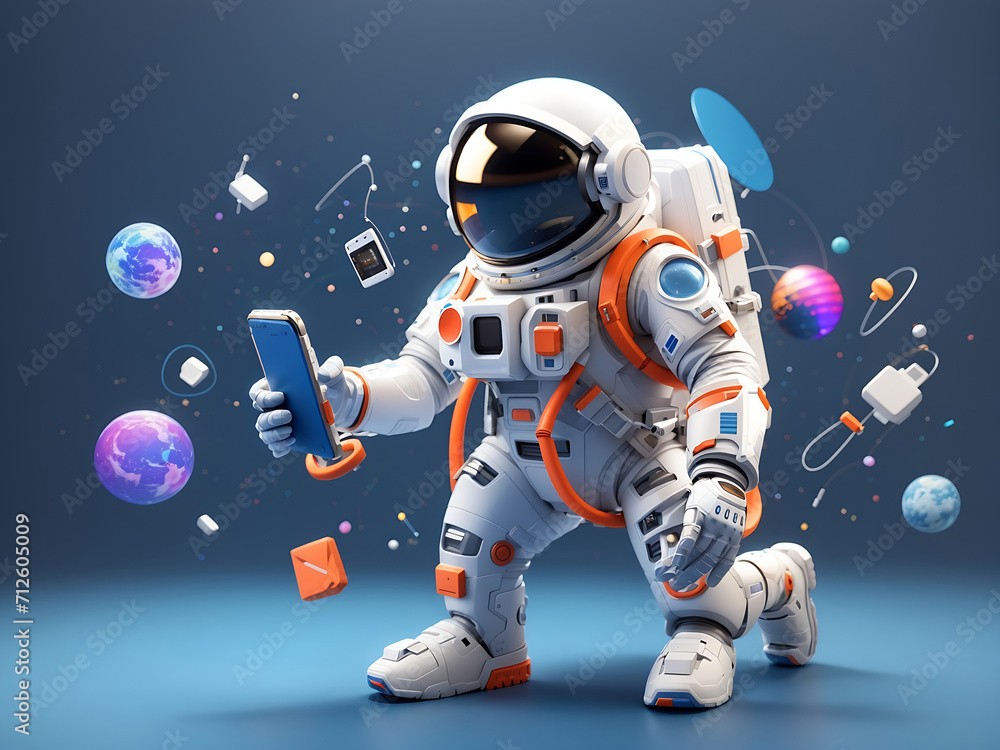 Concept of phone applications. A 3D astronaut communicates via Messenger from a smartphone. Games, email, liking posts. Communication in social networks. Digital market advertising.