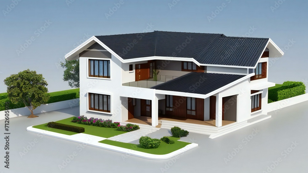 3d house model rendering on white background, 3D illustration modern cozy house