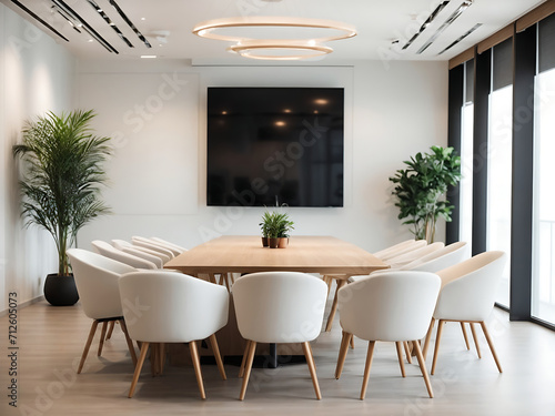 Conference room modern design, white empty wall. Modern furnished conference room beautifully designed. The meeting room in the office is a bright, stylishly desi copy space. Business interior concept