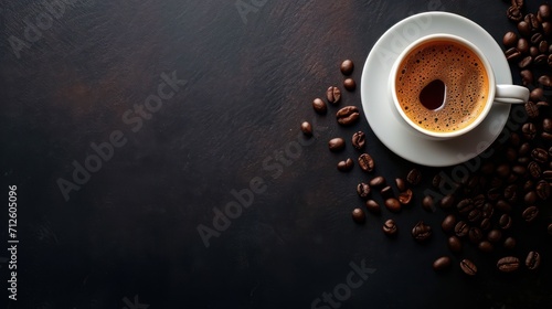 Coffee-themed backdrop with a cup of freshly brewed coffee and coffee beans. 