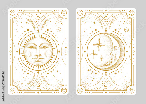 Set of Modern magic witchcraft cards with astrology sun and moon sign with human face. Day and nignt. Realistic hand drawing vector illustration