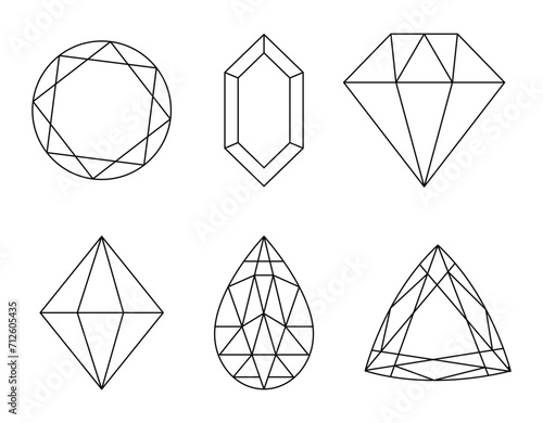 Precious stones lineart, jewelry. Vector rhinestone and brilliant, sapphire and amethyst, aquamarine and tourmaline, diamond and emerald, quartz and ruby jewels, agate. Vector illustration isolated