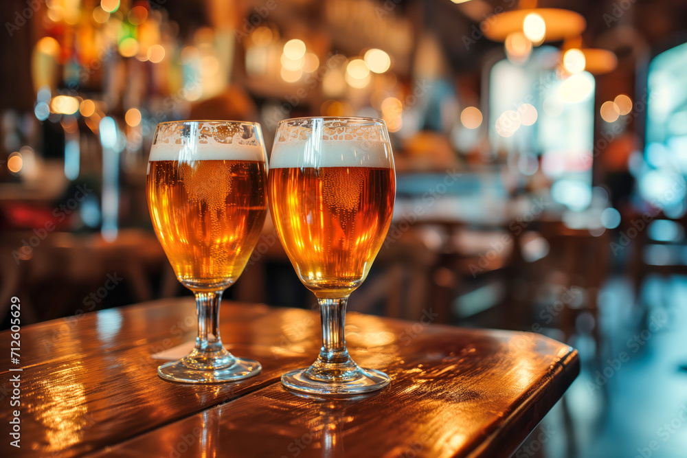 Golden Beer Glasses on Bar Table Golden Beer Glasses on Bar Table