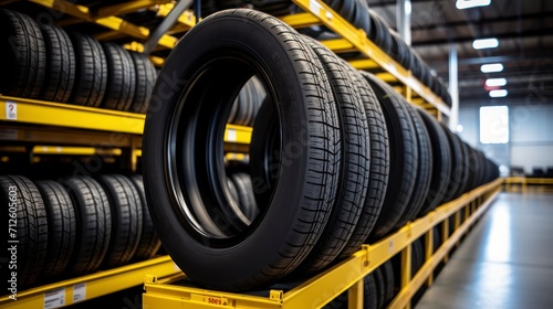 Car tires in a warehouse, close-up. Auto service industry © Voilla