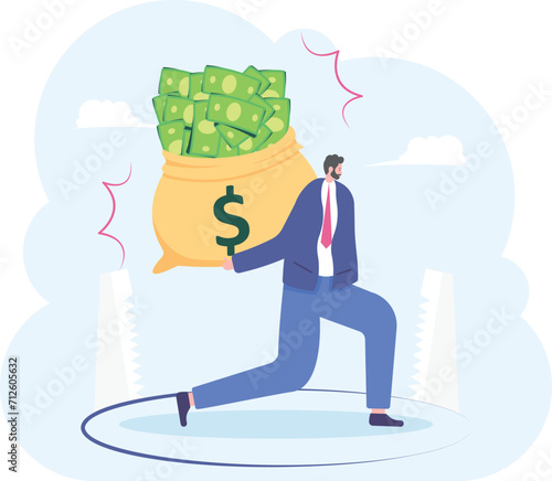 Businessman with money stand on hole cut by a saw,

