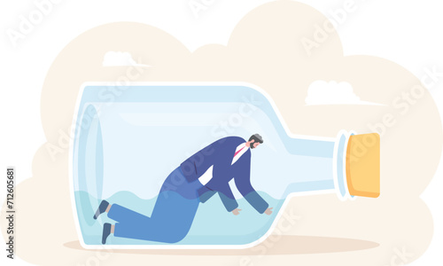 Depressed man in bottle floating in the sea, 

