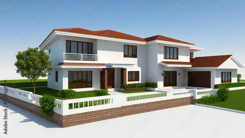 3d house model rendering on white background, 3D illustration modern cozy house