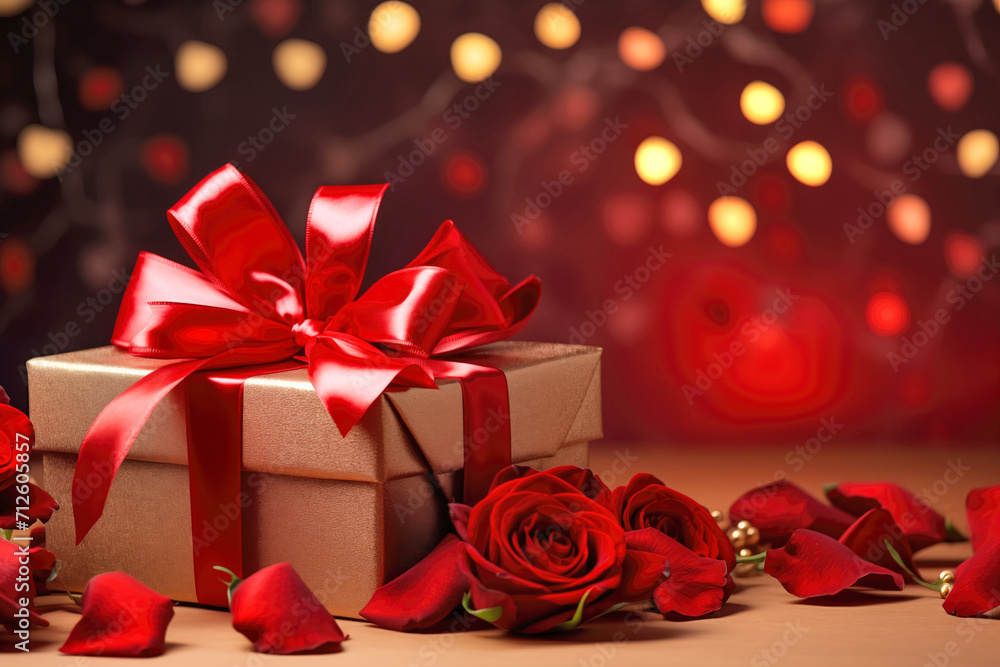 Elegant Gift Box with Red Ribbon Amidst Roses Elegant Gift Box with Red Ribbon Amidst Roses