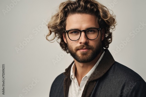 a face portrait of a handsome white caucasian man with wavy curly hair