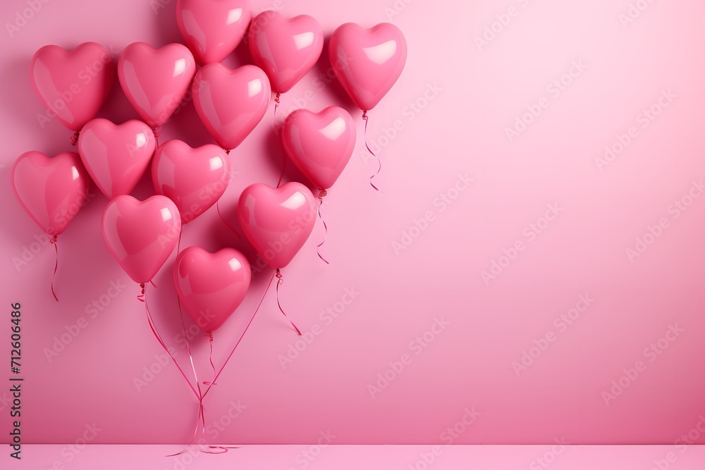 3D rendering of a pink backdrop with a helium-filled heart shape, space, Generative AI.