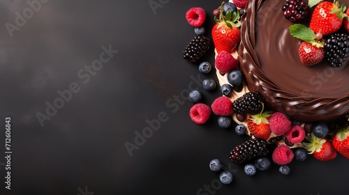 A chocolate backdrop with copy space and a chocolate cake with berries and other fruits, Generative AI.