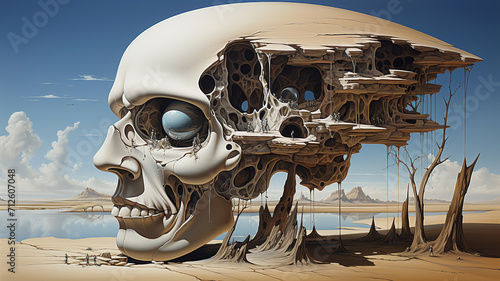A surreal desert landscape with a large skull-like structure, intricate organic cavities, and desolate trees under a blue sky with sparse clouds.Art concept. AI generated.